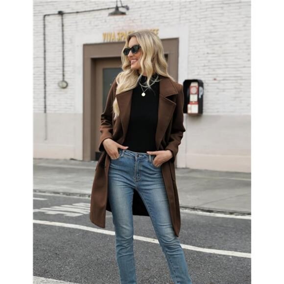 Women Mid-Long Coat Notch Double-Breasted Coffee - Picture 5 of 6